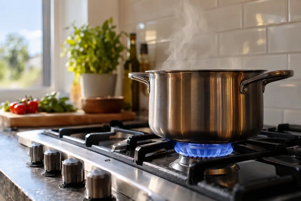 Fuego azul de gas encendido bajo una olla en una cocina doméstica