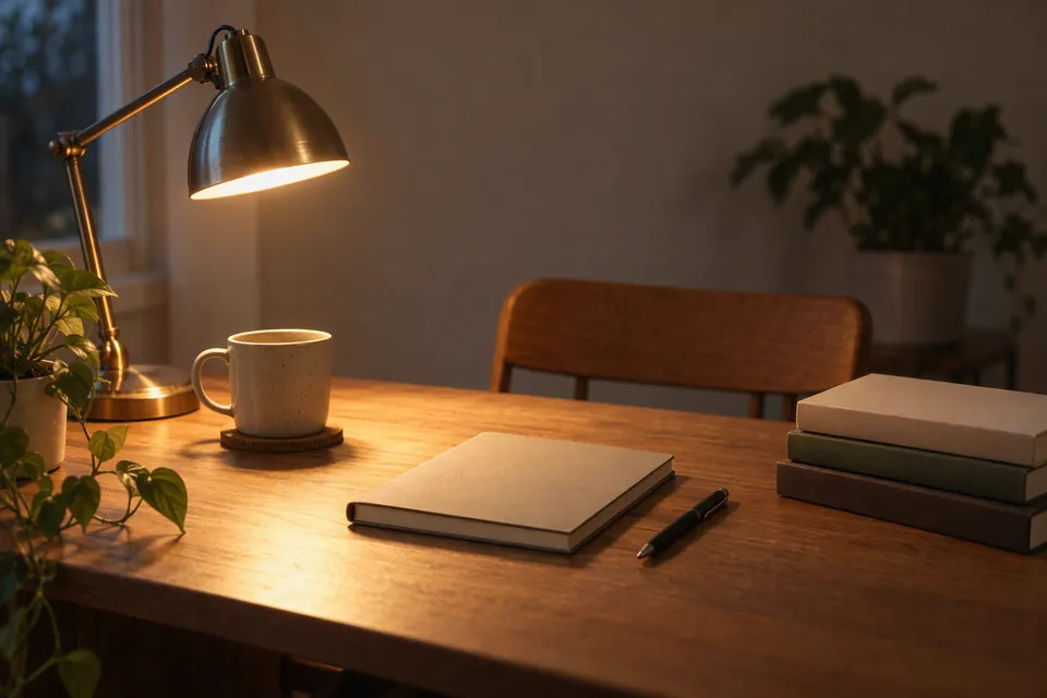 Escritorio de casa por la noche con una lámpara encendida, un cuaderno, libros y una taza