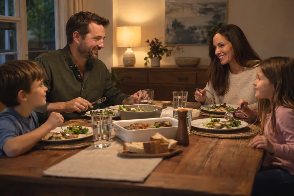 Familia cenando junta alrededor de la mesa con luz cálida