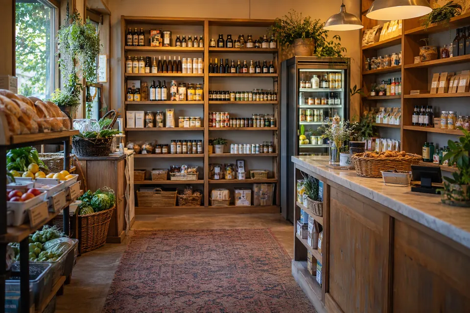 Interior de un pequeño comercio de barrio con estanterías de madera e iluminación cálida