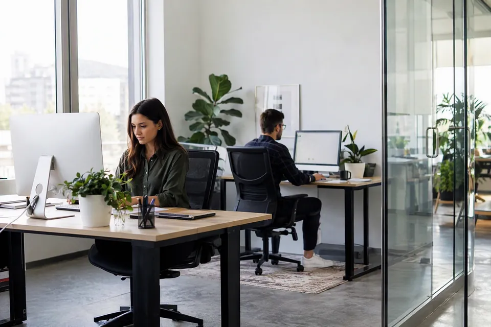 Dos personas trabajando en una oficina moderna con luz natural y plantas