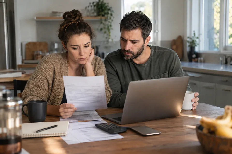 Pareja revisando la factura de la luz con el portátil y un papel sobre la mesa de la cocina